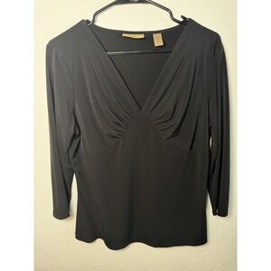 I.E. Y2k Black Preppy Office Ruched V Neck 3/4‎ Sleeve Top Womens  Blouse Size S